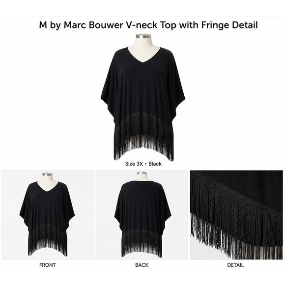 M by Marc Bouwer Tops - M by Marc Bouwer Black V-neck Fringe Detail Top 3X Plus Short Sleeve Relaxed
